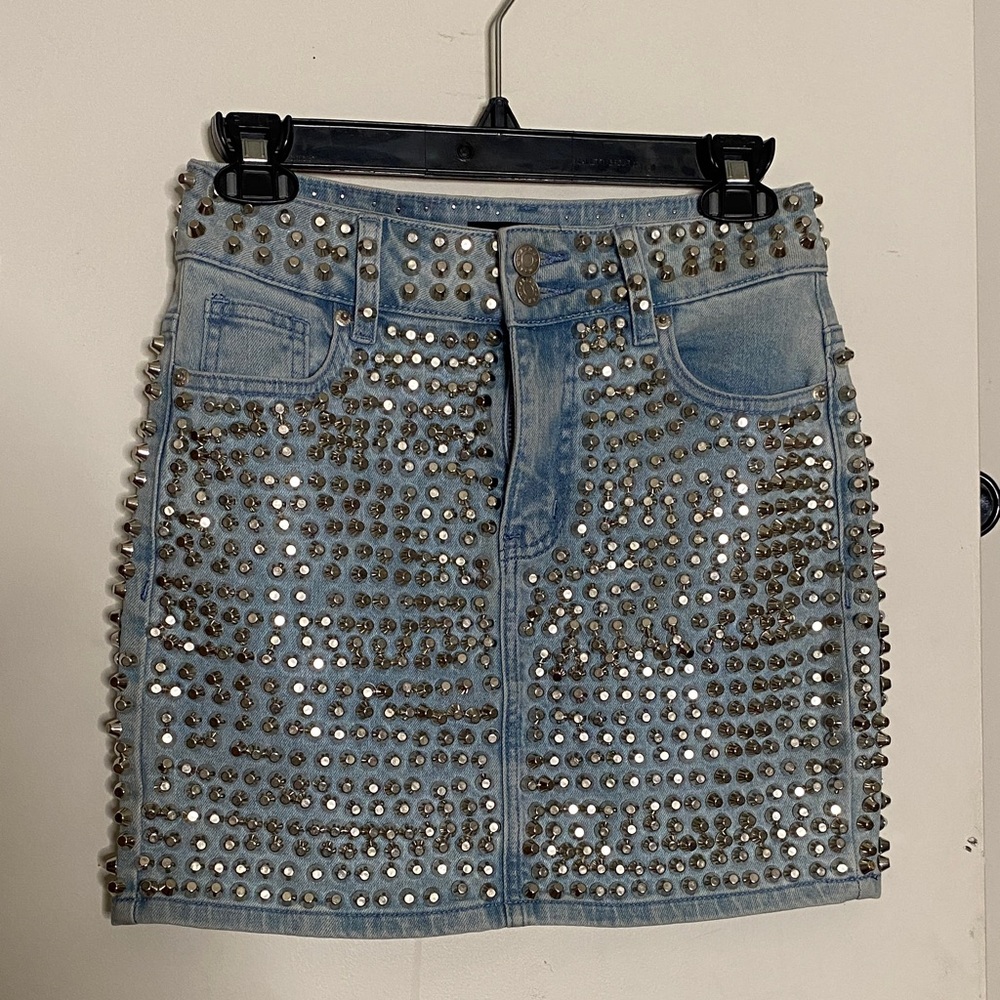 AKIRA Studded Light Blue Denim Pencil Skirt